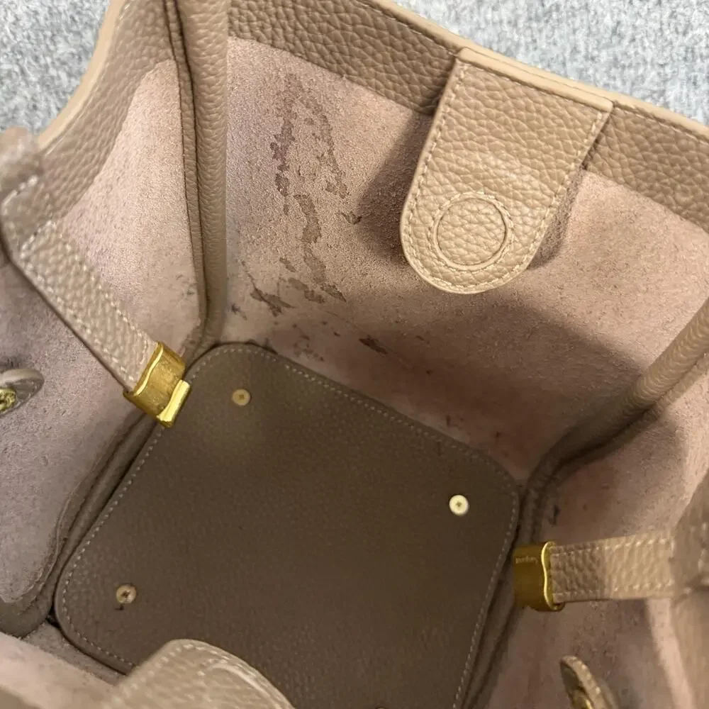 Songmont Mini Tote Bag in Taupe Pebbled Leather Top Handle Bucket Minimalist